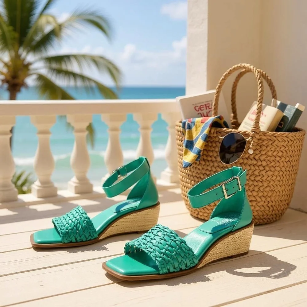 Vince Camuto OCEANA GREEN Leather Net Low Ankle Strap Espadrille Wedge SZ 9 Wide